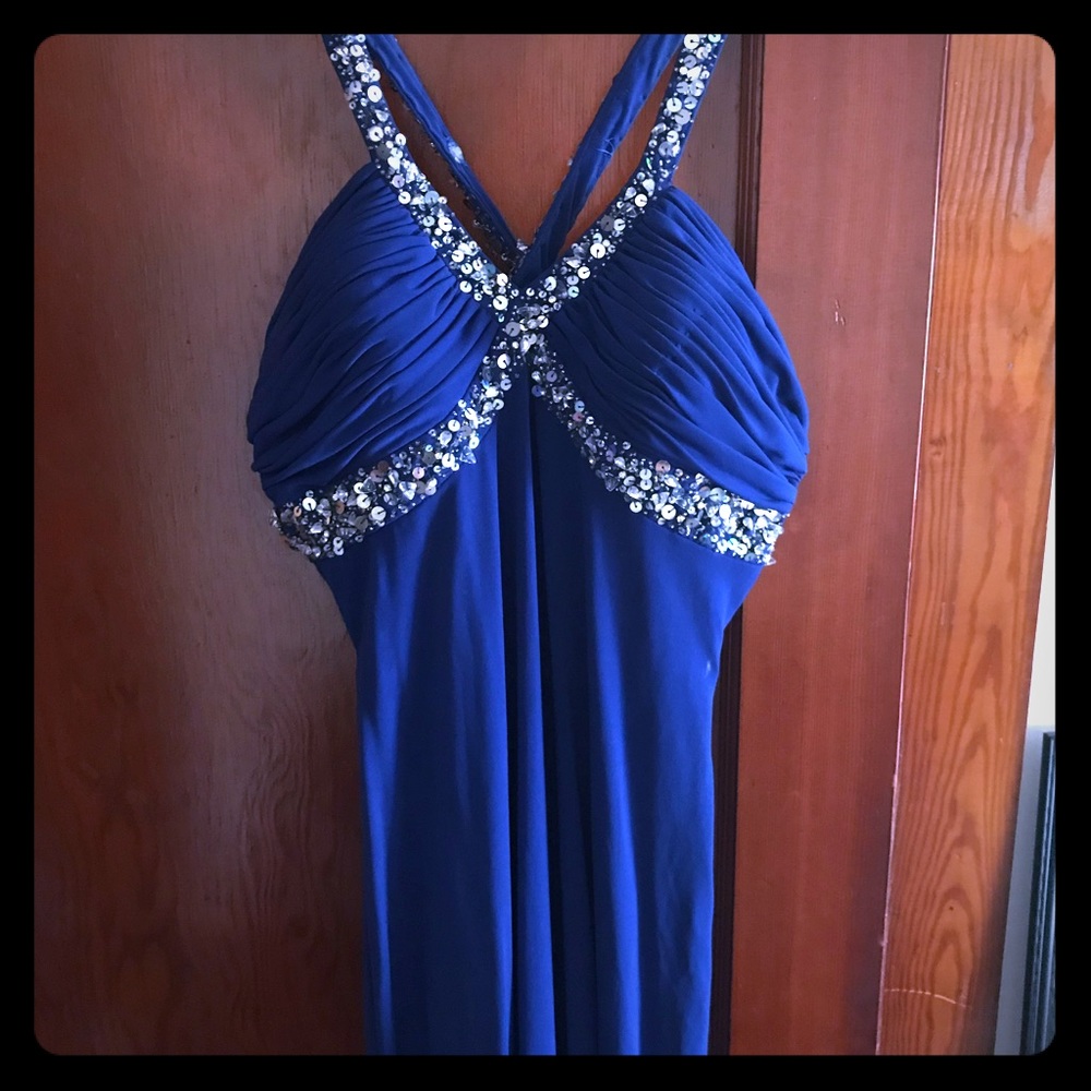 Royal blue prom dress with rhinestones and train